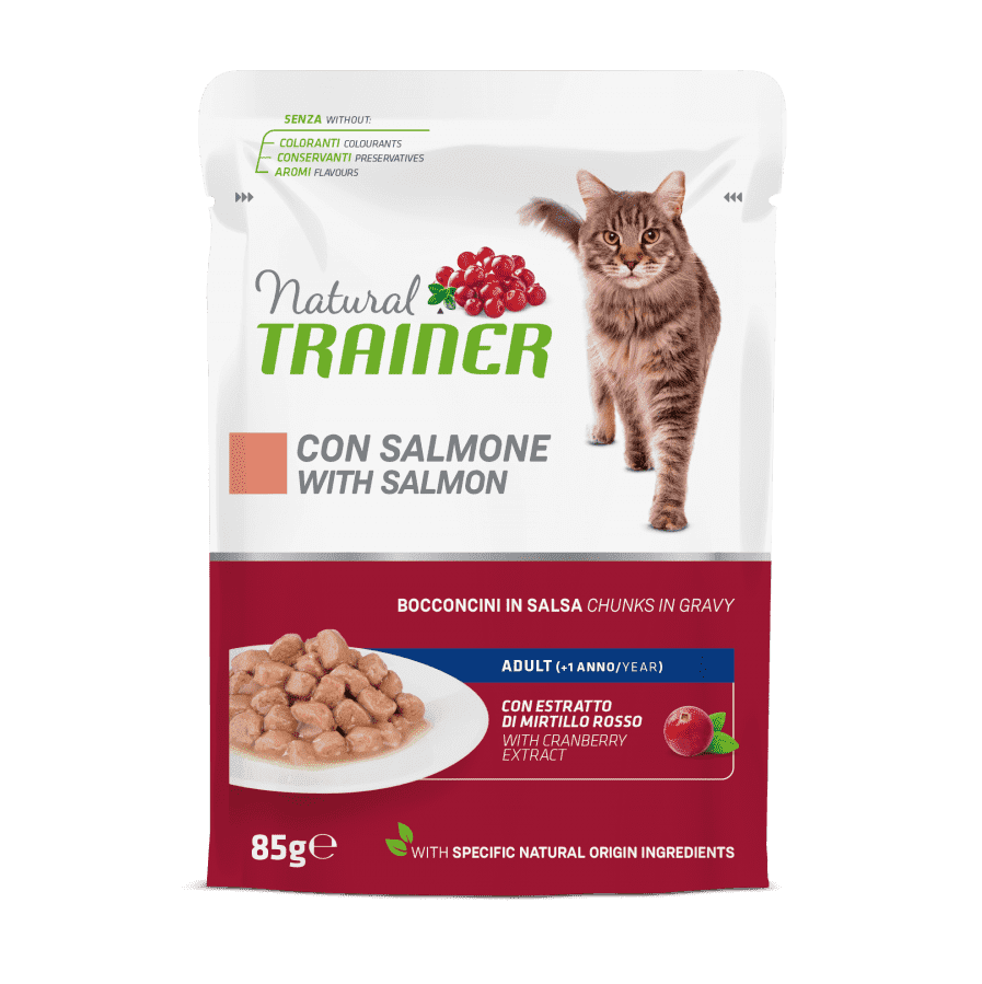 Natural Trainer Adult con bocconcini di salmone in salsa 85 gr Natural Trainer Adult con bocconcini di salmone in salsa 85 gr